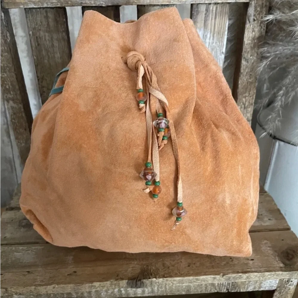 COPY - Genuine Suede Hand-crafted Drawstring Beaded Bag Peach NEW!